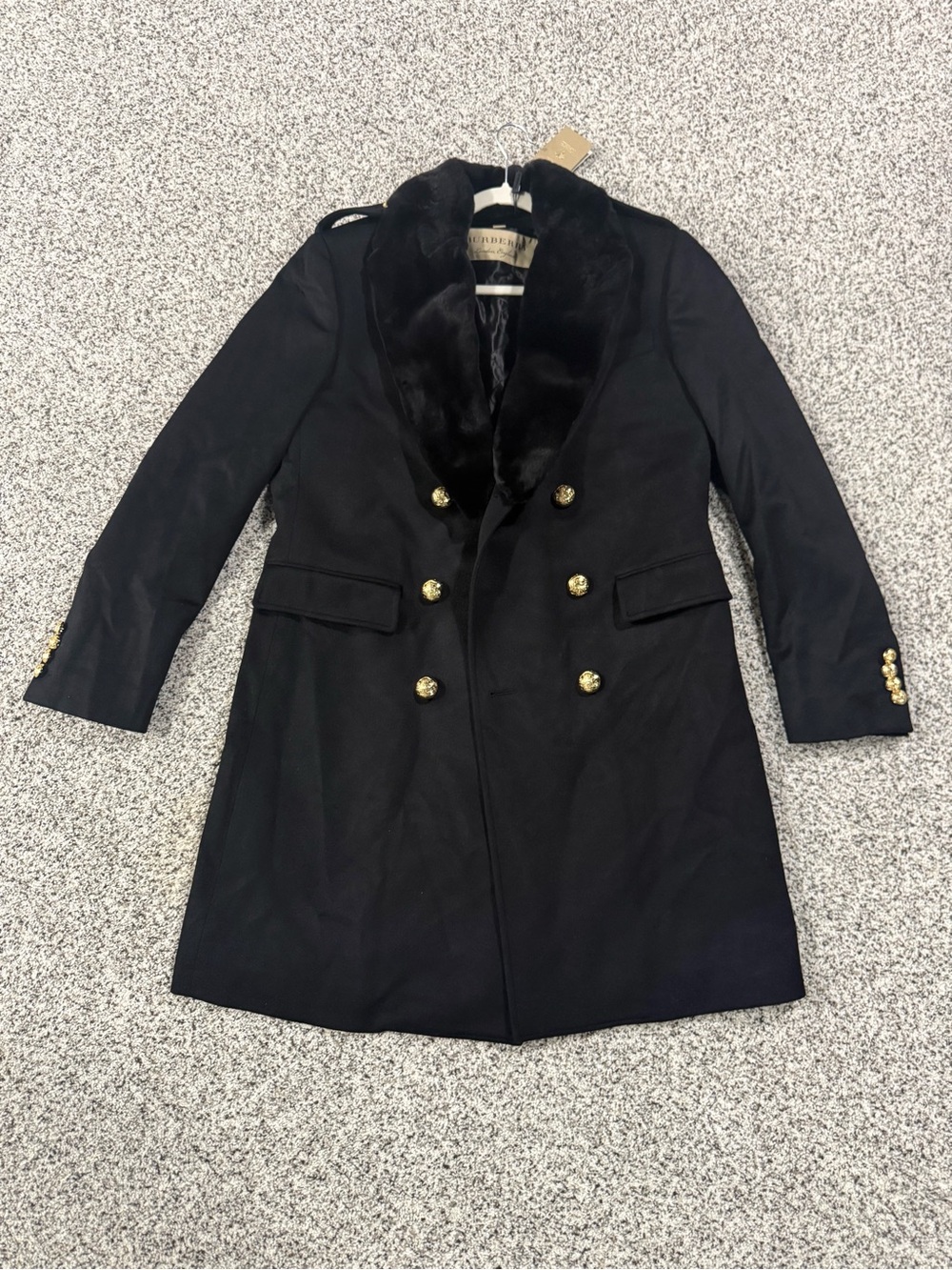 Burberry Black Coat with Faux Fur Collar and Gold Buttons Brand New mens 52